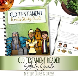 Può includere: Una "Guida allo studio del lettore dell'Antico Testamento" rilegata a spirale con una copertina verde con illustrazioni di personaggi biblici. La guida include domande di studio e quiz. Il titolo è in un carattere decorativo.