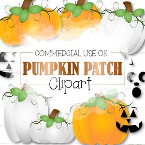 May include: A set of orange and white pumpkins with green leaves and vines. The pumpkins are perfect for fall decorations. The text "COMMERCIAL USE OK PUMPKIN PATCH Clipart" is displayed on a white background.