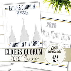 Könnte beinhalten: Ein weißer 2026-Planer mit dem Text "ELDERS QUORUM PLANNER" und "TRUST IN THE LORD" in Marineblau. Das Cover zeigt eine Strichzeichnung von drei Tempelstrukturen. Der Planer umfasst 49 Seiten.