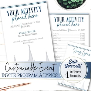 May include: A customizable event invite, program, and song lyrics template with a blue and white color scheme. The template features a church building and the text "YOUR ACTIVITY placed here".