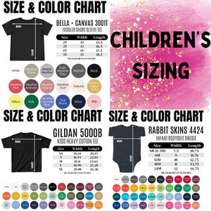 Op de afbeelding: Maattabel en kleurenkaart voor de Bella + Canvas 3001T korte mouw t-shirt voor peuters, de Gildan 5000B heavy cotton t-shirt voor kinderen en de Rabbit Skins 4424 baby romper. De tabel bevat maat, breedte en lengte metingen in inches.