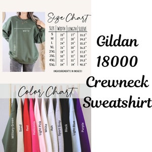 Op de afbeelding: Maattabel en kleurenkaart voor een Gildan 18000 Crewneck Sweatshirt. De tabel toont maten van S tot 5XL met de bijbehorende breedte-, lengte- en mouwlengtemetingen in inches. De kleurenkaart toont 10 verschillende kleuren: Militair groen, Zand, Rood, Heliconia, Lichtroze, Wit, As, Sportgrijs, Zwart en Lichtblauw.