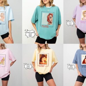 May include: Six different t-shirts featuring Disney princesses. Each shirt has a different princess and a quote. The shirts are available in a variety of colors, including blue, green, pink, yellow, and purple.
