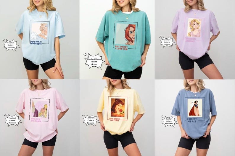 May include: Six different t-shirts featuring Disney princesses. Each shirt has a different princess and a quote. The shirts are available in a variety of colors, including blue, green, pink, yellow, and purple.