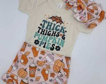 Pumpkin Pies & Thick Thighs Fall Baby Bummies and Bow Set, Baby Outfit