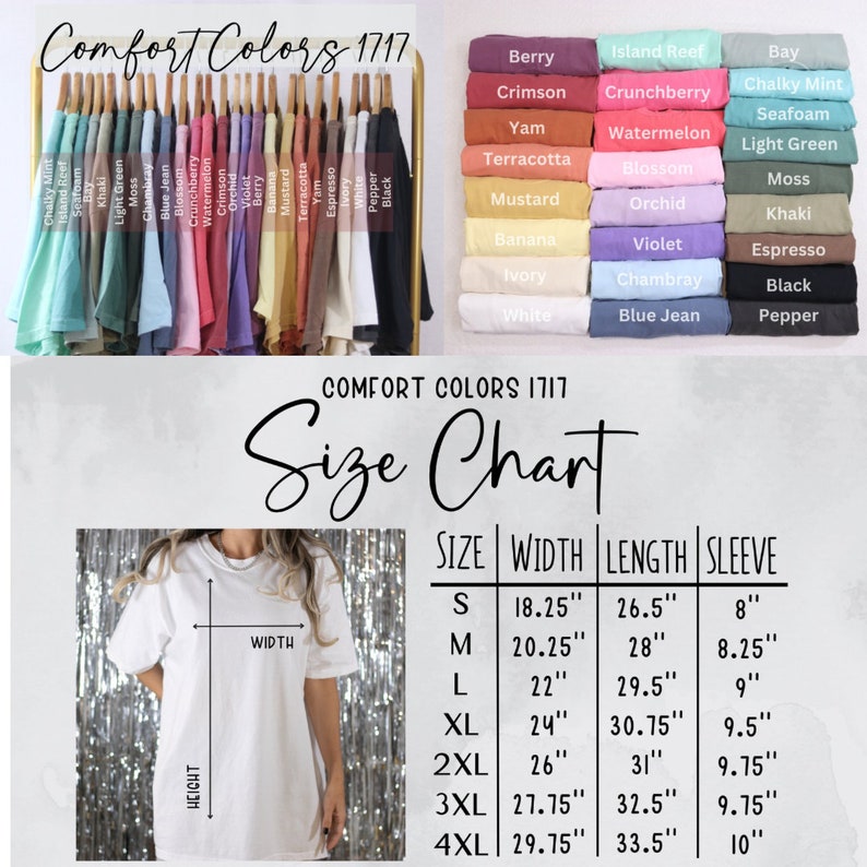 Op de afbeelding: Een maattabel voor T-shirts met metingen in inches. De tabel toont de maat, breedte, lengte en mouwlengte voor maten S tot en met 4XL. De tabel is gelabeld "Comfort Colors 1717 Size Chart".