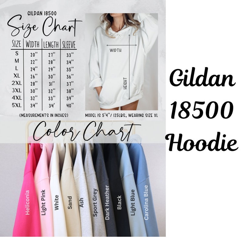Op de afbeelding: Maattabel en kleurenkaart voor de Gildan 18500 Hoodie. De tabel toont maten van S tot 5XL met de bijbehorende breedte-, lengte- en mouwlengtemetingen in inches. De kleurenkaart toont 10 verschillende kleuren: Heliconia, lichtroze, wit, zand, as, sportgrijs, donkergrijs, zwart, lichtblauw en Carolina blauw.