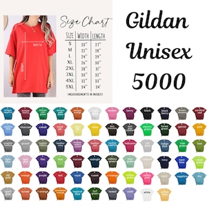 Op de afbeelding: Een maattabel voor Gildan Unisex 5000 T-shirts, met de afmetingen in inches voor maten S tot en met 5XL. De tabel bevat de breedte- en lengtemaat voor elke maat.