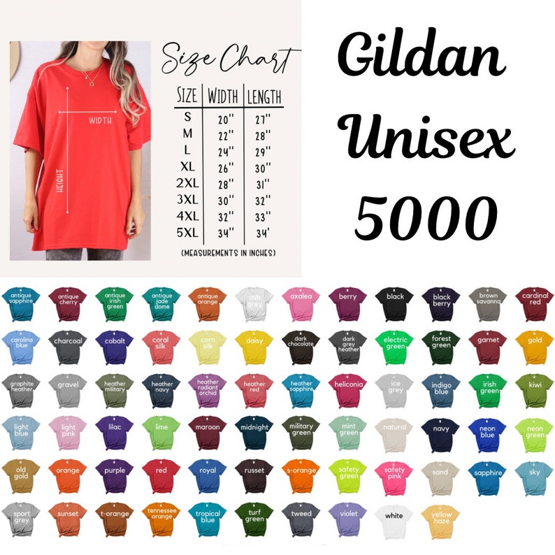 Op de afbeelding: Een maattabel voor Gildan Unisex 5000 T-shirts, met de afmetingen in inches voor maten S tot en met 5XL. De tabel bevat de breedte- en lengtemaat voor elke maat.