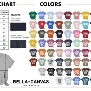Op de afbeelding: Maattabel voor T-shirts met afmetingen in inches. De tabel toont de breedte en lengte van elke maat van XS tot 5XL. De tabel toont ook de stofsamenstelling voor elke maat. De tabel wordt gevolgd door een kleurenkaart met 100 verschillende T-shirtkleuren. De kleuren zijn gerangschikt in rijen en kolommen. De kleuren omvatten effen kleuren, melangekleuren en vintagekleuren. De tekst "Bella+Canvas Los Angeles" bevindt zich onderaan de tabel.