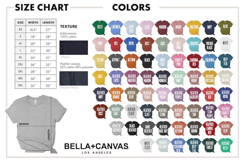 Op de afbeelding: Maattabel voor T-shirts met afmetingen in inches. De tabel toont de breedte en lengte van elke maat van XS tot 5XL. De tabel toont ook de stofsamenstelling voor elke maat. De tabel wordt gevolgd door een kleurenkaart met 100 verschillende T-shirtkleuren. De kleuren zijn gerangschikt in rijen en kolommen. De kleuren omvatten effen kleuren, melangekleuren en vintagekleuren. De tekst "Bella+Canvas Los Angeles" bevindt zich onderaan de tabel.