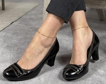 Liz Claiborne Jordana noirs verni escarpins surpiqûres contrastées talons carrés Taille 6,5