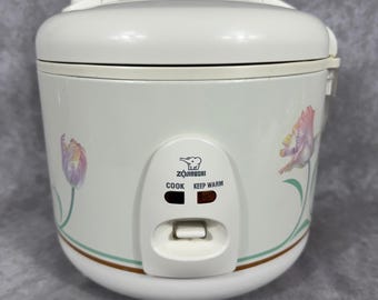 Cuociriso e scaldavivande Zojirushi da 5,5 tazze con stampa floreale di tulipani, bianco, stile vintage giapponese.