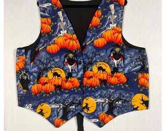 Vtg 90s Halloween Vest XL Spooky Pumpkin Skeleton Witch Waistcoat Whimsygoth Y2K