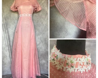 Vtg 50s 60s Pink Maxi Dress S Dotted Swiss Overlay Floral Lace Caped Gown MCM