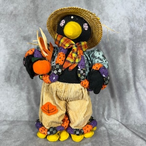 Vtg Crow Scarecrow Figure Fall Harvest Halloween Decor Straw Hat 17" Cottagecore