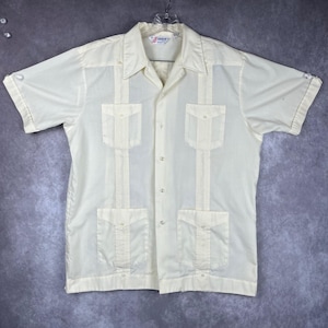 Vintage Romani Guayabera Shirt Men&#39;s L Beige Cuban Camp Short Sleeve Button Up