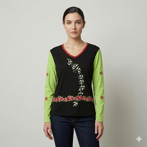 Top vintage de los años 90 con bordado floral Y2K, color block, algodón mediano, negro, verde lima, nuevo en oferta