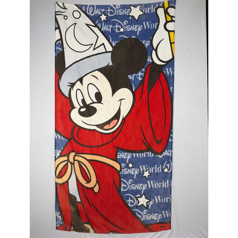 Vtg 90s Walt Disney World Sorcerer Mickey Mouse Beach Towel Fantasia Wizard Star image 1