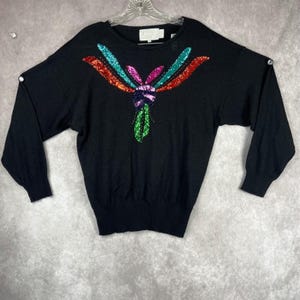 Vintage Sequin Sweater Wms XL Rainbow Embellished Sweater Knit Top Black XL