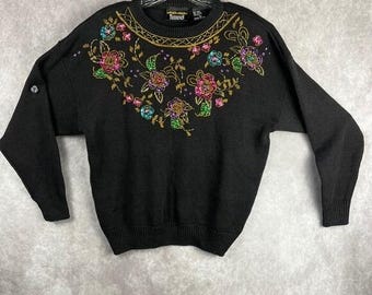 Suéter vintage com contas feminino tamanho G, blusa de malha com lantejoulas e flores pretas, estilo Grandma Cottage Core