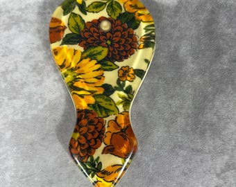 Vtg 60s 70s Floral Acrylic Spoon Rest Orange Yellow Sunflower Retro Kitchenware