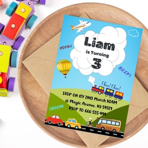 Kids Transportation birthday party invitation, Cars bike train plane kids birthday invite,Editable Honk Beep Vroom template,Instant download