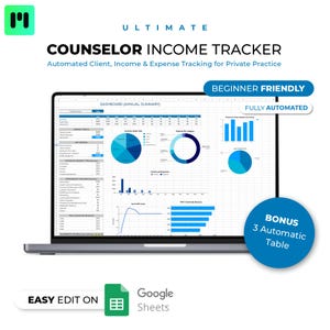 Op de afbeelding: Een laptopscherm met de Ultimate Counselor Income Tracker, een geautomatiseerd spreadsheet voor privépraktijken. Het dashboard bevat blauwgekleurde grafieken, diagrammen en tabellen voor het bijhouden van inkomsten, uitgaven en klantgegevens.