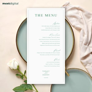 Minimalistisches grün-weißes Menü, Luxus-Hochzeits-Menü-Design, druckbare elegante Menü-Karte, DIY-Empfangs-Dekor & Party-Speisekarte