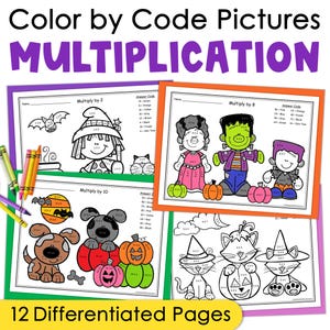 May include: A set of 12 differentiated color-by-code multiplication pages. The pages feature Halloween-themed images, including a witch, Frankenstein's monster, and a cat. The text "Color by Code Pictures MULTIPLICATION" is at the top.