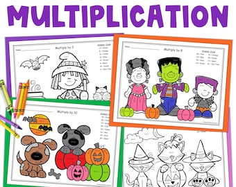 Práctica de fluidez de hechos de multiplicación de Halloween Colorea por código Hojas de trabajo de matemáticas sin preparación para 3 y 4 de octubre
