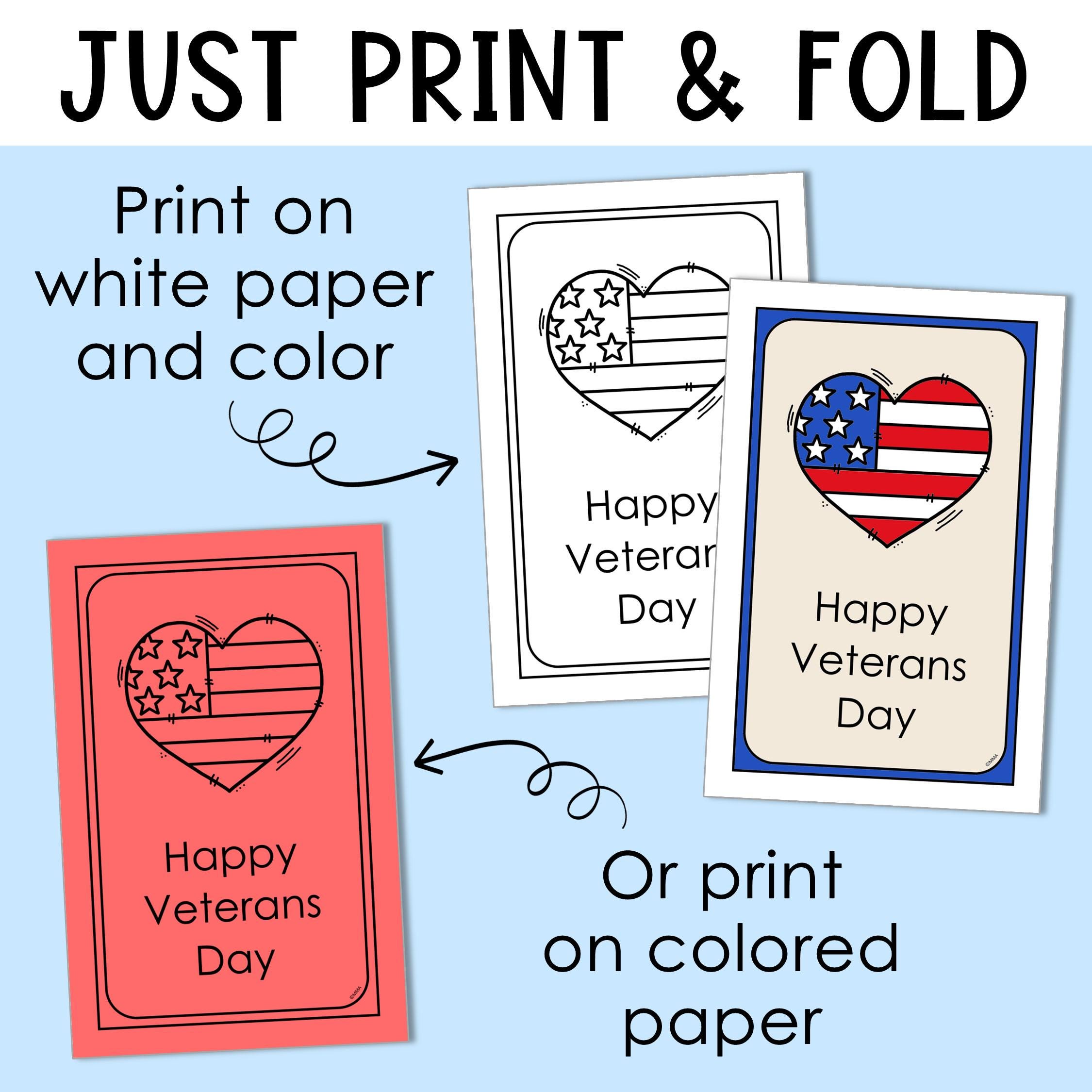 Veterans Day Printable Cards for Kids to Color Classroom Card Craft