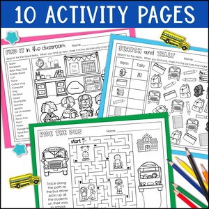 Puede incluir: P&aacute;ginas de actividades imprimibles en blanco y negro para ni&ntilde;os. Las p&aacute;ginas presentan una escena de aula, un laberinto de autob&uacute;s escolar y una actividad de b&uacute;squeda y conteo. Las p&aacute;ginas est&aacute;n dise&ntilde;adas para ayudar a los ni&ntilde;os a aprender sobre la escuela y el transporte.