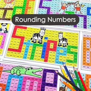Rounding Numbers Practice for 3rd and 4th Grade Math Color by Code Mystery Picture Activity