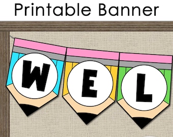 Banner de bienvenida con lápiz imprimible para la vuelta al cole con 8 colores para combinar con la decoración del aula