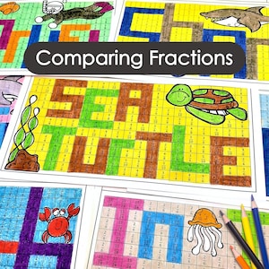 May include: A printable worksheet for comparing fractions with a sea-themed design. The worksheet features a turtle, a crab, a jellyfish, and seaweed. The fractions are represented by shaded squares on a grid.