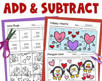 Valentine’s Day Math Practice 2nd and 3rd Grade Multi-Digit Addition and Subtraction Puzzles Fun February Morning Math Worksheets