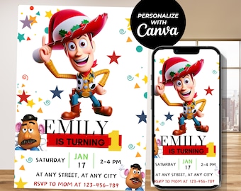 Modello modificabile per invito di compleanno a tema Toy Story, invito per festa di compleanno a tema Toy Story, invito per festa a tema Toy Story, biglietto di auguri per compleanno per bambini