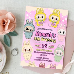 Convite de aniversário Labubu, modelo editável Labubu, festa de aniversário Labubu, convite Labubu Canva, download instantâneo para impressão