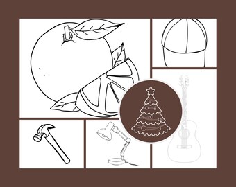 Può includere: Un disegno a linea in bianco e nero che illustra una varietà di oggetti, tra cui un martello, una lampada, una chitarra, un albero di Natale, un cappello e un'arancia tagliata.
