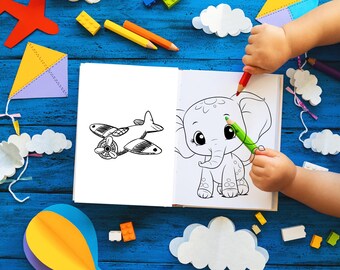 Può includere: Un bambino colora in un libro da colorare con un pastello verde, rosso e blu. Il libro presenta un'illustrazione in bianco e nero di un aereo e un elefante.