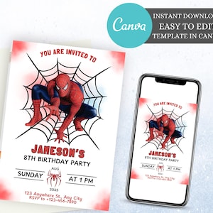 Faire-part d'anniversaire Spiderman Anniversaire Spidey-Sense Faire-part de célébration de super-héros Fête d'anniversaire Spiderman Invitation d'anniversaire Spiderman