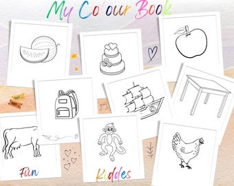 Può includere: Un libro da colorare con il titolo "My Colour Book" che presenta illustrazioni in bianco e nero di un'anguria, una torta, una mela, un tavolo, uno zaino, una nave, una scimmia, una gallina e una mucca. Il libro è progettato per essere colorato dai bambini.