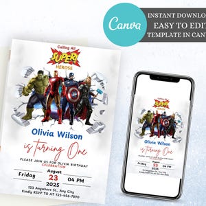 Faire-part d'anniversaire Avengers à imprimer Faire-parts d'anniversaire Avengers personnalisables Invitation d'anniversaire Avengers personnalisée