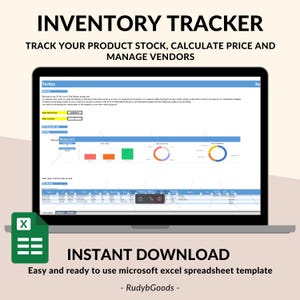 Puede incluir: Una pantalla de computadora portátil que muestra una plantilla de hoja de cálculo para el seguimiento del inventario. La plantilla incluye gráficos y tablas para ayudar a administrar el inventario de productos, calcular los precios y realizar un seguimiento de los proveedores. El texto "INVENTORY TRACKER" se muestra en letras grandes y negritas en la parte superior de la pantalla. El texto "INSTANT DOWNLOAD" se muestra debajo de la pantalla de la computadora portátil.
