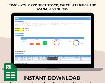 May include: A laptop screen displaying a spreadsheet template for inventory tracking. The template includes charts and graphs to help manage product stock, calculate prices, and track vendors. The text "INVENTORY TRACKER" is displayed in large, bold letters at the top of the screen. The text "INSTANT DOWNLOAD" is displayed below the laptop screen.