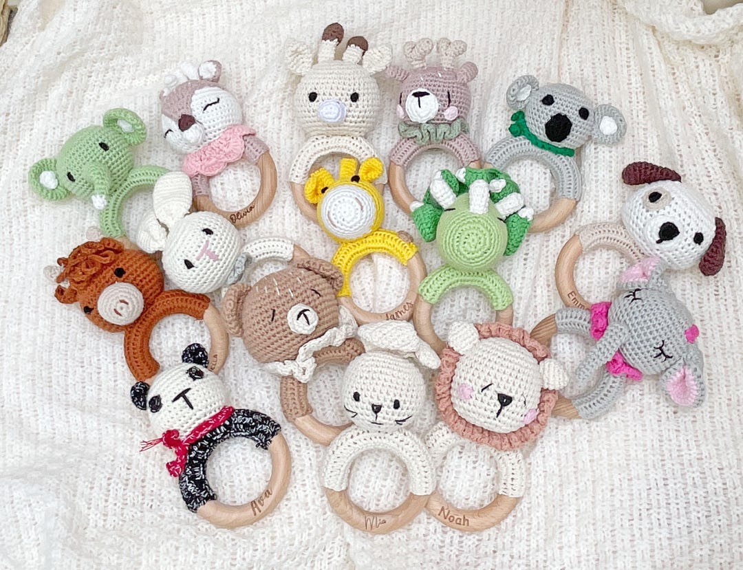 Crochet Toy Rattle for Babies, Personalized Wooden Rattle Ring for ...