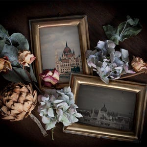 May include: Two antique gold picture frames with black and white photos of the Hungarian Parliament Building. The frames are surrounded by dried flowers, including roses, hydrangeas, and artichokes.