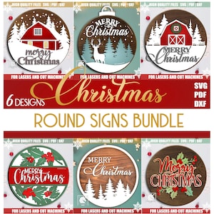Puede incluir: Un conjunto de seis diseños de letreros redondos navideños. Los letreros presentan imágenes festivas que incluyen graneros, ciervos, árboles y acebo, con las palabras "Feliz Navidad" en varios estilos. Diseñado para corte por láser.