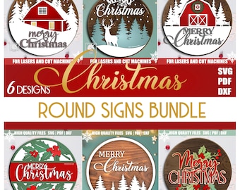 May include: A bundle of six round Christmas signs with various designs. The signs feature festive elements like barns, deer, trees, and holly, with the words "Merry Christmas" in different fonts. The signs are designed for laser cutting.